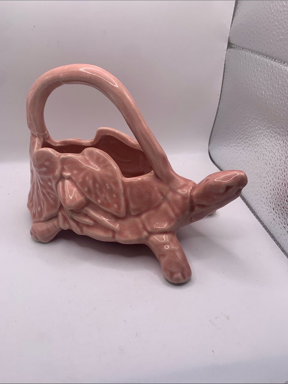 Vtg McCoy Pink Ceramic Turtle Planter with Handle